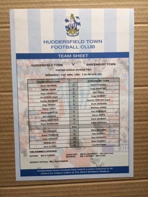 Huddersfield Town Reserves V Shrewsbury Town Reserves 1998-1999 Pontins League