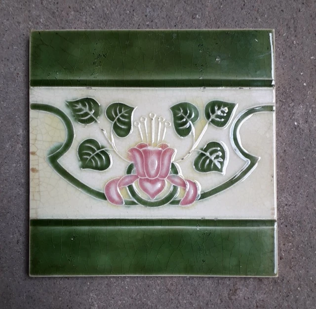 Rare Vintage  Green Flowers Ceramic Tile Porcelaine Vintage Art Made In Japan
