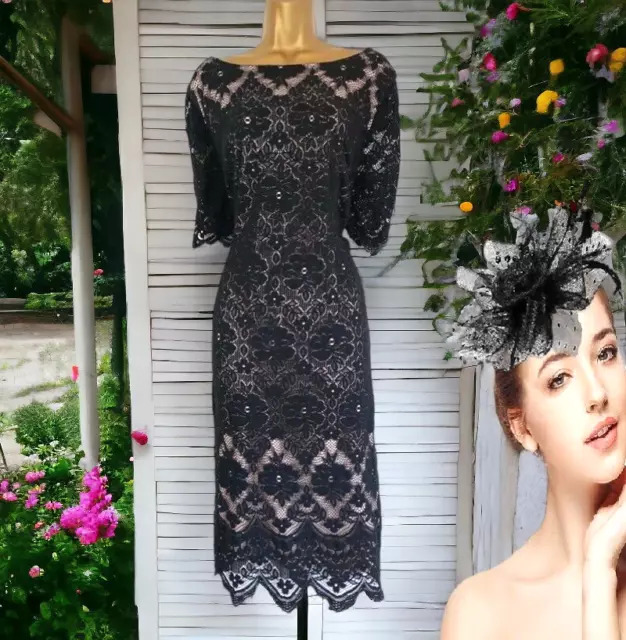 Jacques Vert size 16 black lace mother of bride outfit dress fascinator wedding