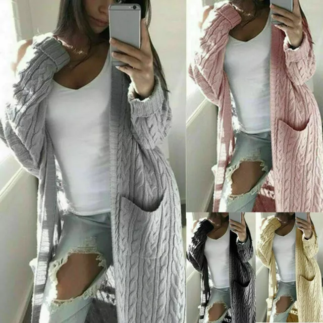 New Womens Ladies Oversized Baggy Chunky Cable Knitted Pocket Long Cape Cardigan