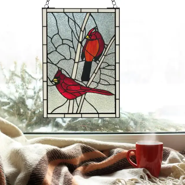 Window Panel Stained Glass Handcrafted Red Northern Cardinal Songbird NEW