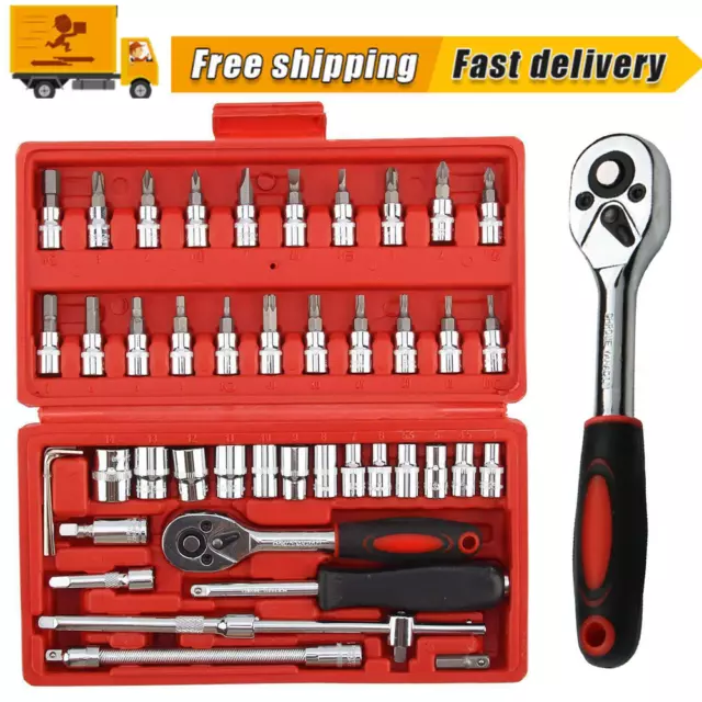 Set of 46 Socket Set Ratchet Torx Wrench Kit Metric 1/4" Drive Repair Tool Case