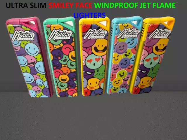 1|5 XMATTEO Windproof Jet Flame SLIM SMILEY FACE Keychan Slot Refillable LIGHTER