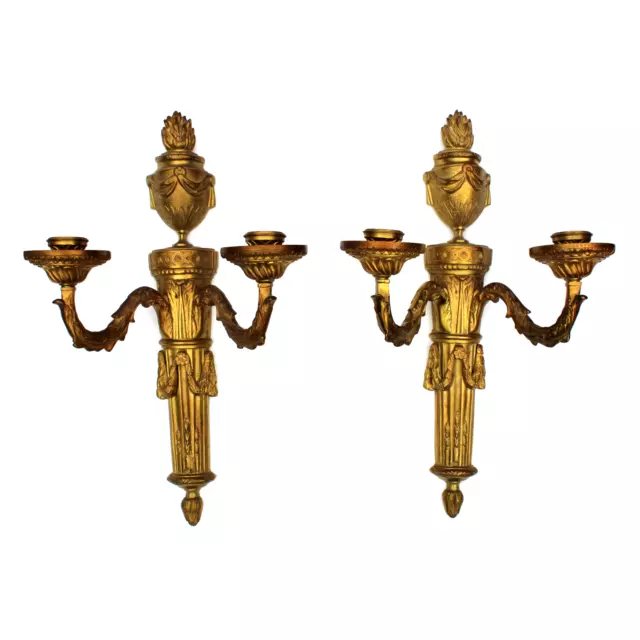 Pair Gilt Bronze Wall Double Sconces Antique Louis Xvi Style Lighting Gilded