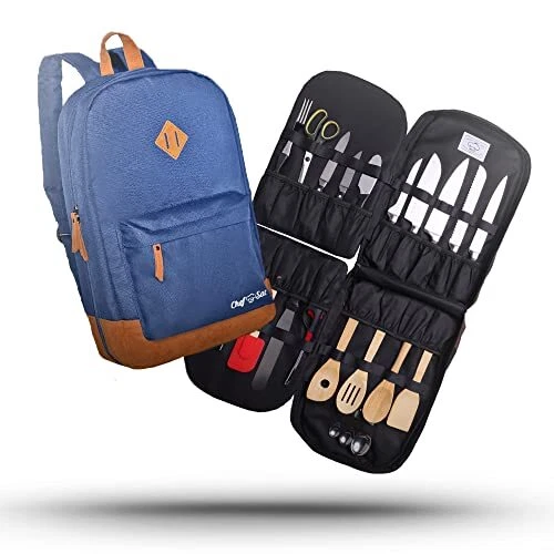 Chef Knife Bag | Premium Leather Finish | 30+ Pockets for Knives & Tools Blue