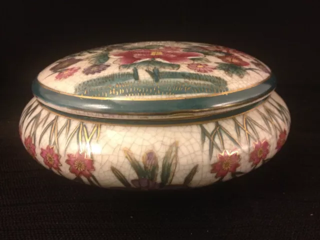 Chinese Celadon Round Box w/ Lid Large Floral Hand Painted 7" Signed