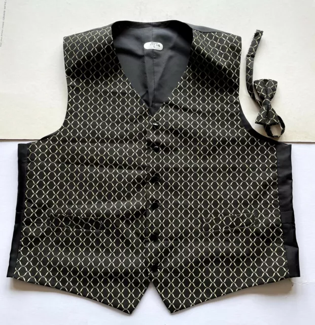 Mens Waistcoat Formal Business Suit Vest Wedding Coat - Black/Gold with Bow Tie