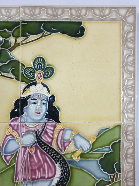 6pc panel x Vintage Majolica Tile KRISHNA DANCING ON SNAKE HEAD Japan 4