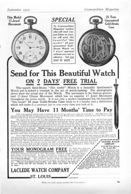 Laclede Watch Company - St. Louis, Mo. - Two Different Advertisements - 1913