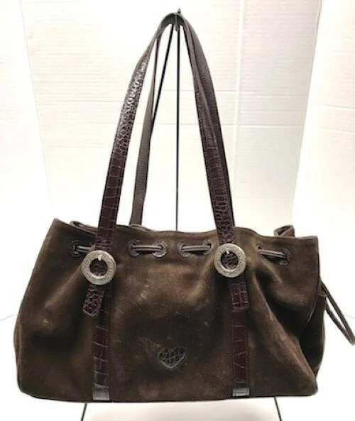 Brighton Brown Suede Leather Croc Embossed Drawstring Purse Shoulder Bag Tote