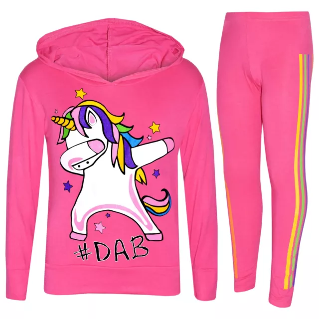 Bambine Rosa Unicorn Arcobaleno # DAB Floss Top Set Leggings Natale Tuta 7-13Yr