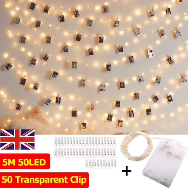 50 LED Battery Photo Clip Light Peg Fairy String Lights Parties Picture Hanging