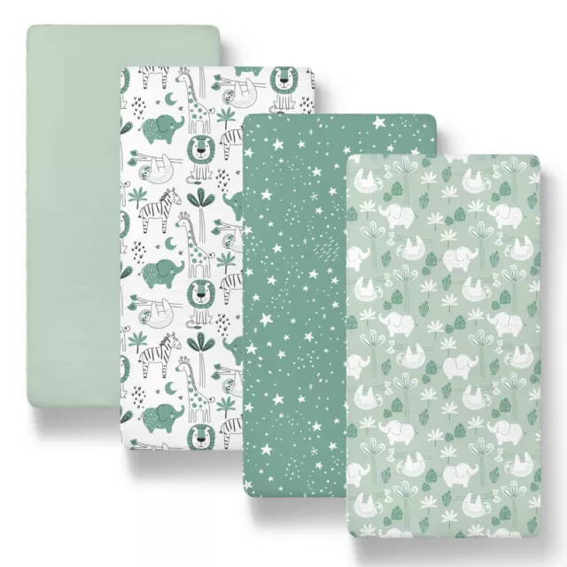 Green Safari Print & Solid 4 Pack Bassinet Sheet Set for Baby Boy or Girl