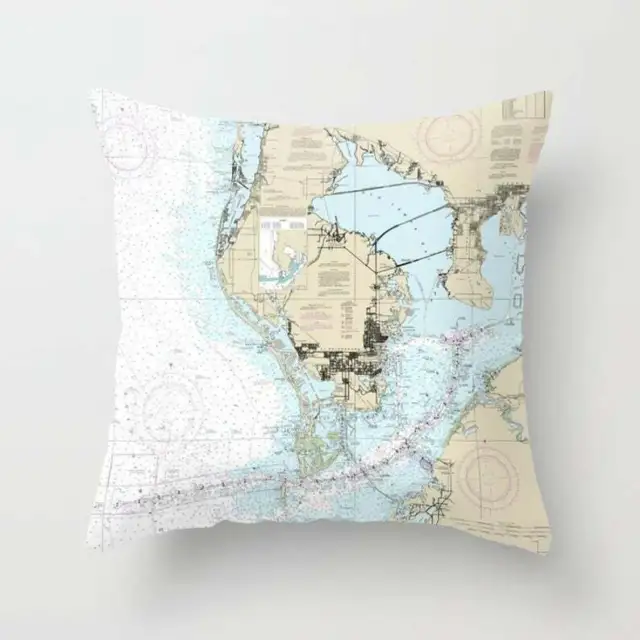 Tampa Bay Florida Nautical Chart - 16"x16" Throw Pillow (zipper)