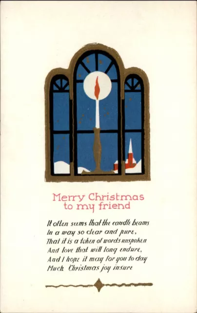 Christmas Arts Crafts window candle flame church poem unused vintage postcard