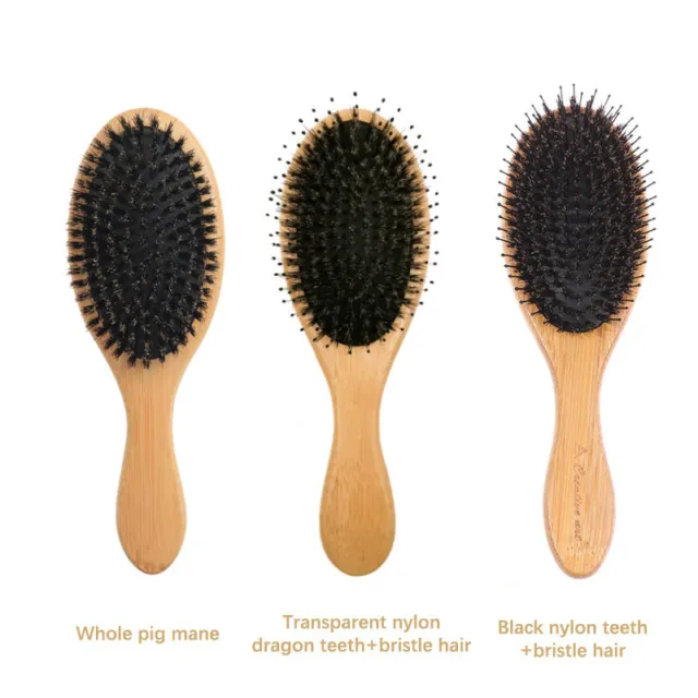 Natural Boar Bristle Oval Hair Brush Comb Head Scalp Massage Bamboo Handle