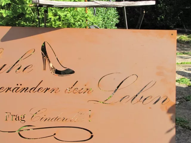 Edelrost Spruchschild Schuhe Cinderella Wandtafel Metallschild Gartenschild Rost 2