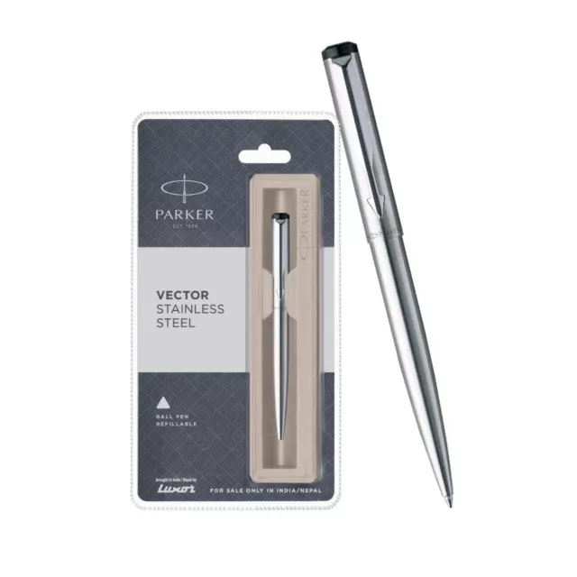 Parker Vector Stainless Steel SS Chrome Trim CT Ball Point Pen BP New Blue Ink
