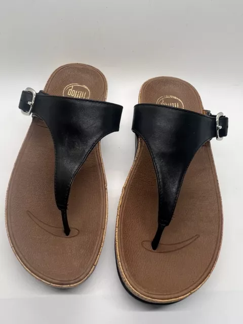 Fitflop MicroWobbleboard Black Leather Buckle Cork Wedge Slide Sandals Size 6