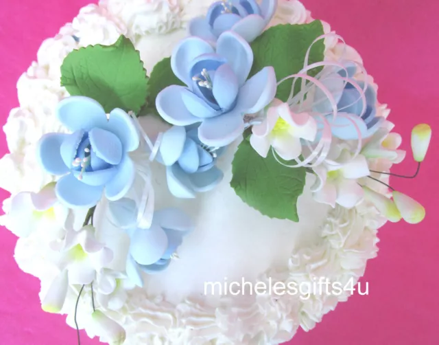 Pasta de goma azúcar pastel rosas azules hojas y cinta pastel flores decorativas Pasta de goma azúcar pastel rosas azules hojas y cinta pastel flores decorativas