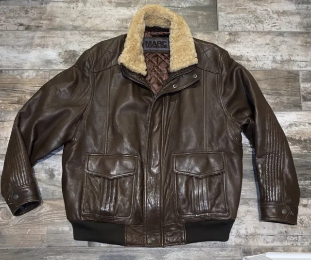 Andrew Marc New York Brown Leather Bomber Jacket W/ Shearling Collar Men’s Sz XL