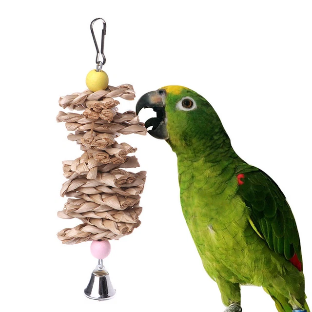Papagei Vogel Spielzeug Naturholz Gras Kauen Biss Hängen Käfig Glocke SchaO^^i