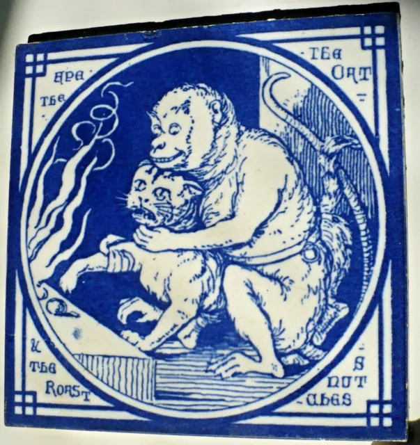 Antique 6" X 6" Tile Aesop Fable Minton's China Works Thomas Allen Ape & The Cat