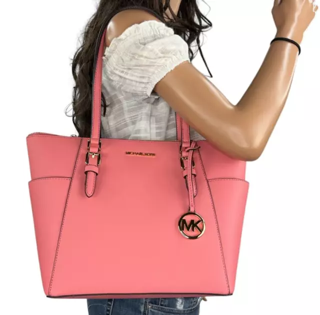 Michael Kors Charlotte Large Top Zip Saffiano Leather Tote Bag Tea Rose