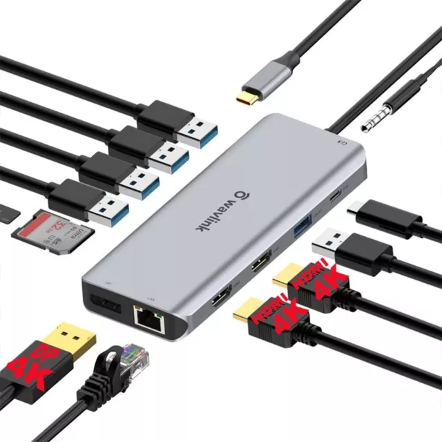 USB C Docking Station(13-in-1) Triple Display 2 HDMI 1 Display Port 89W Charging