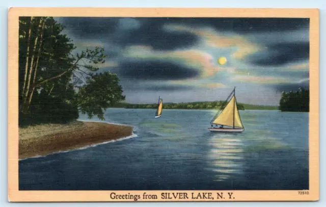 Greetings from SILVER LAKE, New York NY ~ Sailboats Moon WYOMING COUNTY Postcard