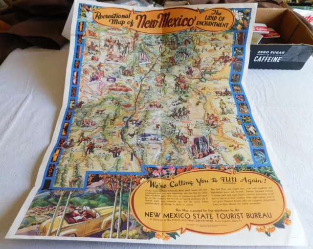 1946 Vintage Cartographic Cartoon Recreational Map Of New Mexico Wilfred Stedman