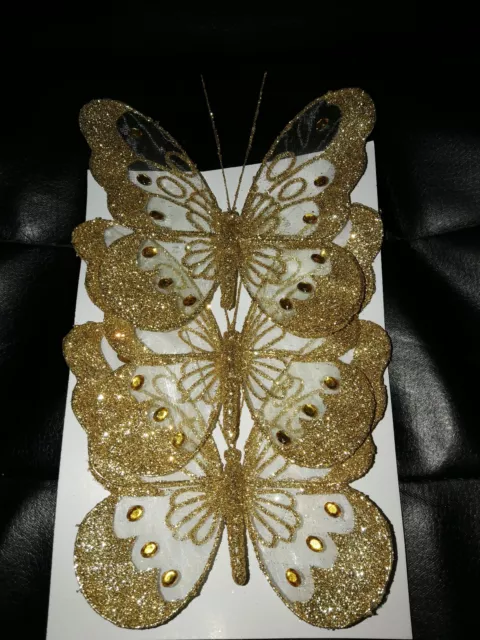 16cm x3 Decorative Glitter Jewelled Clip-on Butterfly Butterflies Wedding Gold