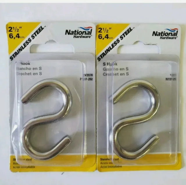 NEW 2 Pack National Hardware 2-1/2" Heavy Duty S Hook Stainless Steel N197-202