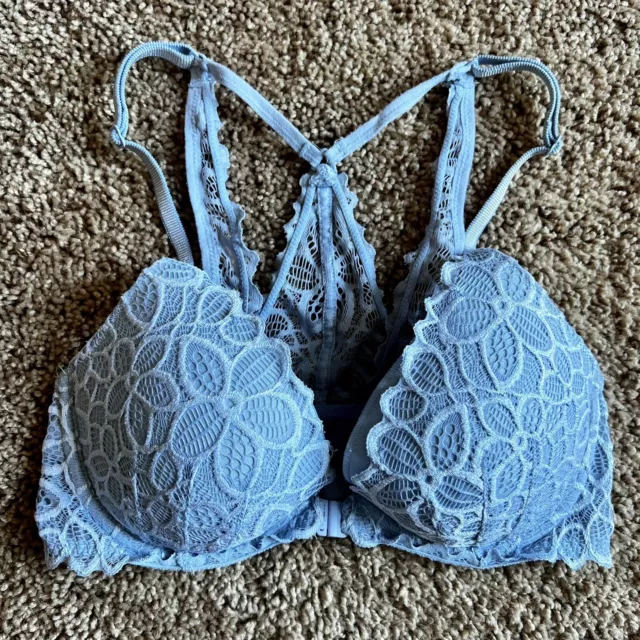 Victorias Secret Pink Date Lace Racerback Push-up Bra Blue Size 32C Lighty Lined