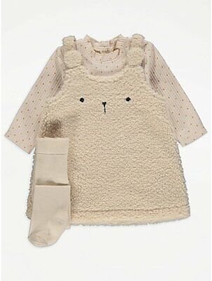 Baby Girls George Dress Set Outfit Fluffy Bear Ribbed 3 Piece Bodysuit Tights