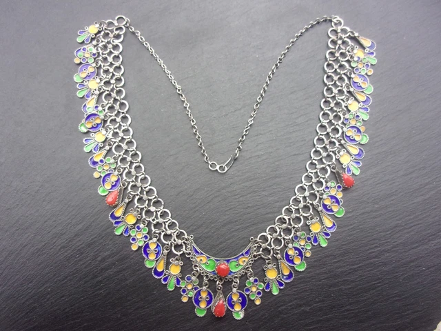 Collier Berbère Ancien En Argent Massif 925 Et émail - Bijou Kabyle Avec Poinçons, Occasion