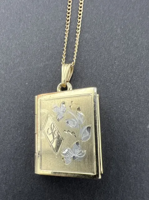 Vintage Flower and Initial L ￼Book Locket and 18” Necklace 1/20 12K Gold Filled