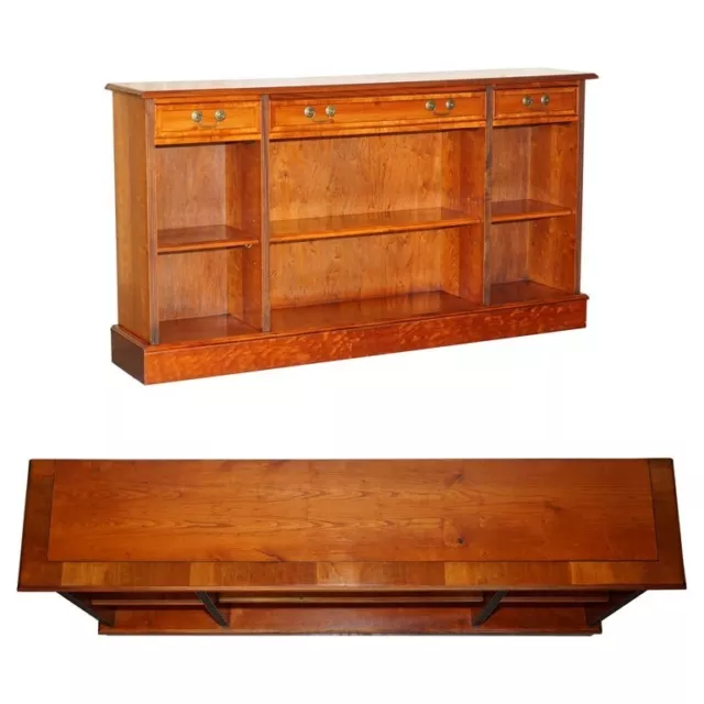 Vintage Burr Yew Wood Dwarf Open Bookcase or Sideboard Three Large Drawers