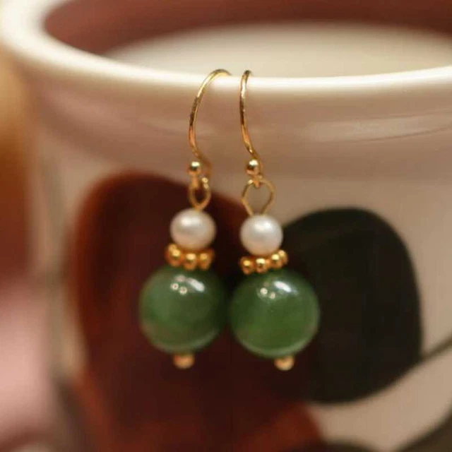 Handmade natural green jade beads freshwater pearls 18K Hook HOOK Wedding