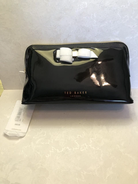 Ted Baker London new black patent leather cosmetic bag Lezie bow