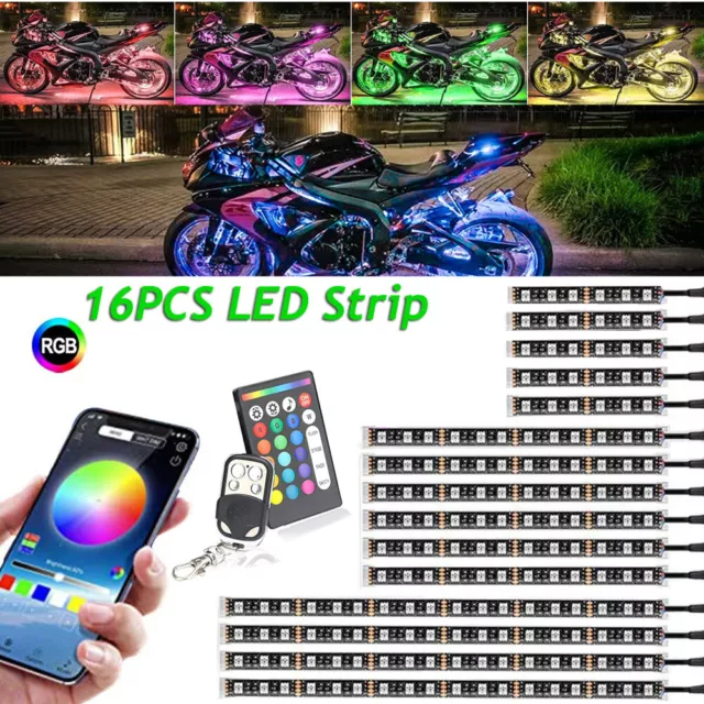 16 Motorcycle LED Under Glow Light Neon RGB Strip Kit For Harley Davidson Street