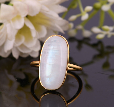 Large Oval Shape Ring Gold Plated Brass Engagement Ring With Rainbow Moonstone