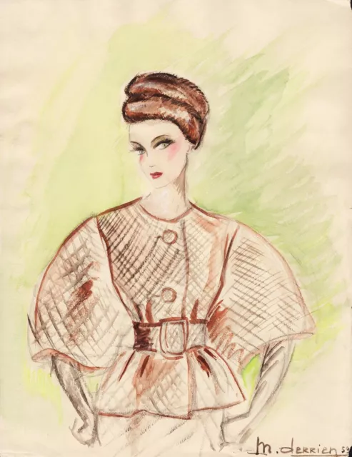 Moda Fashion Abrigo de Piel Para Tiene Sombrero Acuarela Dibujo M.Derrien 1959