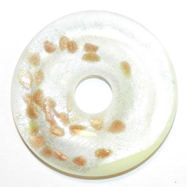 P2635 White w Silver Foil & Gold Glitter 42mm Round Donut Lampwork Glass Pendant