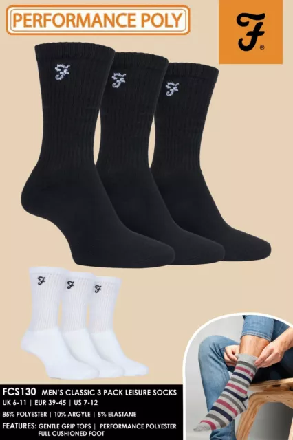 Farah 3 Pairs Mens Cotton Cushioned Sole Athletic Performance Sports Crew Socks