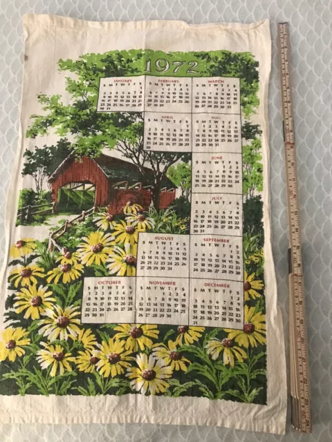 Vintage 1972 Cloth Calendar Barn Trees Covered Bridge Daisies Wall Decor Towel