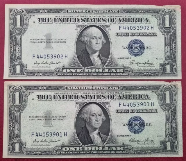 2x 1935 E One Dollar Bill $1 Consecutive Notes Silver Certificate #11182