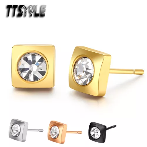 TTstyle S.Steel Square Stud Earrings Sparkling Clear CZ Mens & Womens a Pair NEW
