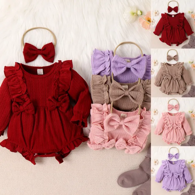 Newborn Infant Baby Girl Solid Lace Short Sleeve Dress Bow Headband Set Clothes