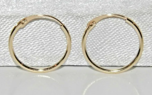 9CT GOLD SMALL PLAIN 10mm HINGED SLEEPER HOOP EARRINGS - PAIR - SOLID 9CT GOLD